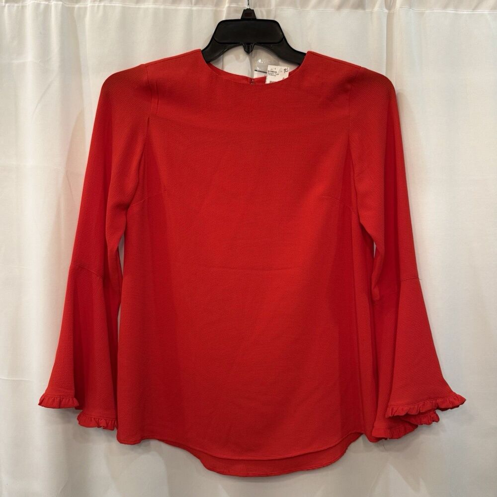 Neiman Marcus Red Solid Ruffle Bell Sleeve Round Neck Pullover Blouse Women's XS